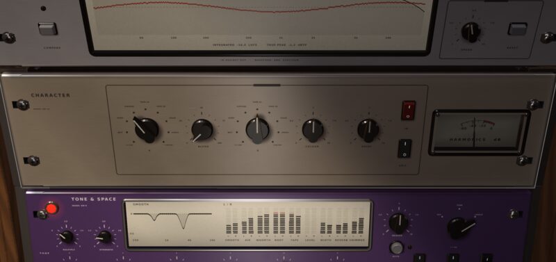CHARACTER: A and B model selectors, BLEND, COLOUR and DRIVE, with its harmonics meter
