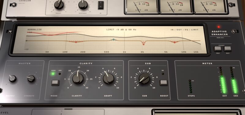The ADAPTIVE ENHANCER's display: the live EQ curve over the spectrum, with its precision bands marked
