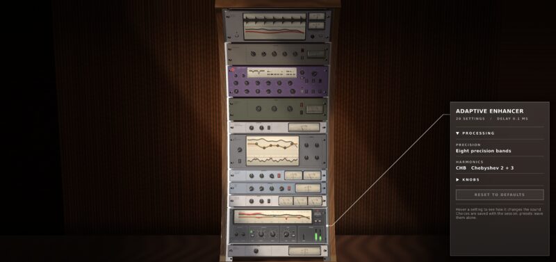 A glass panel open beside the rack, listing the ADAPTIVE ENHANCER's settings and what each one does