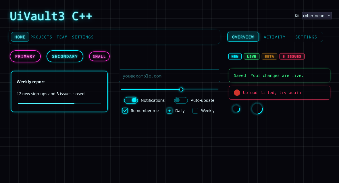 UiVault3 Qt C++ gallery with the Cyber Neon kit
