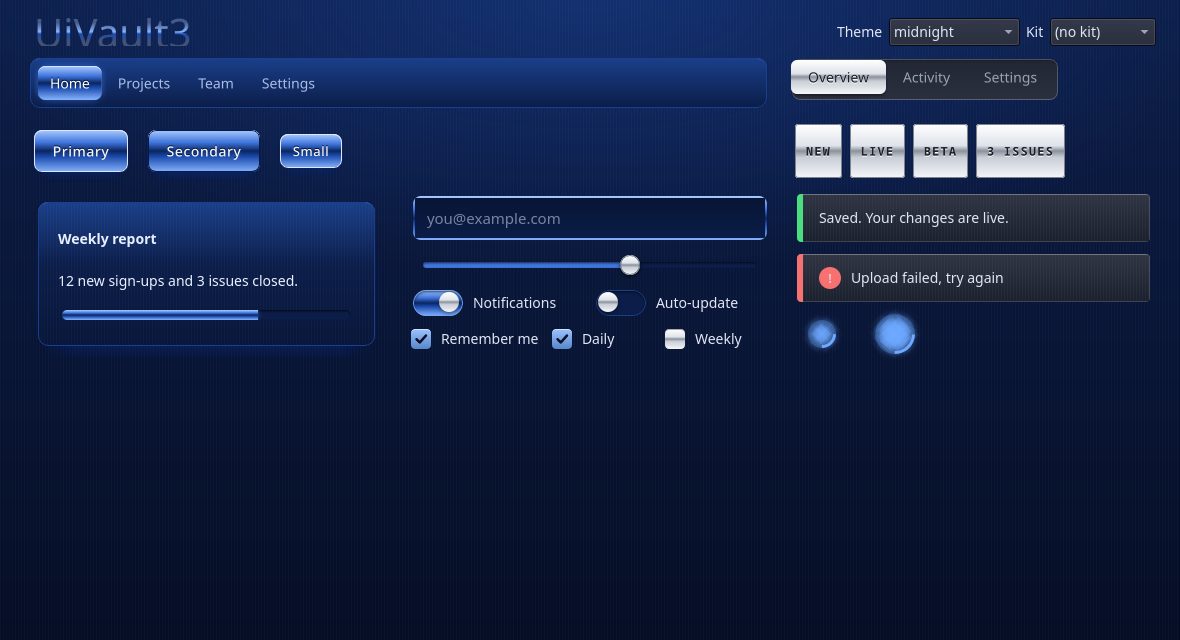 UiVault3 PySide6 gallery with the Deep Blue Metal kit