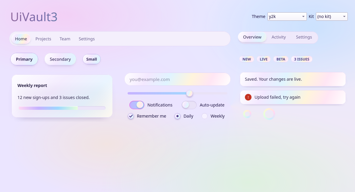 UiVault3 PySide6 gallery with the Pearlescent kit